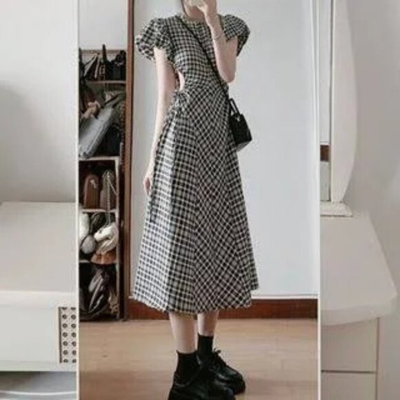 Oni Studio Puffy Sleeve Plaid Midi A line Dress.  Sz M - Picture 7 of 8